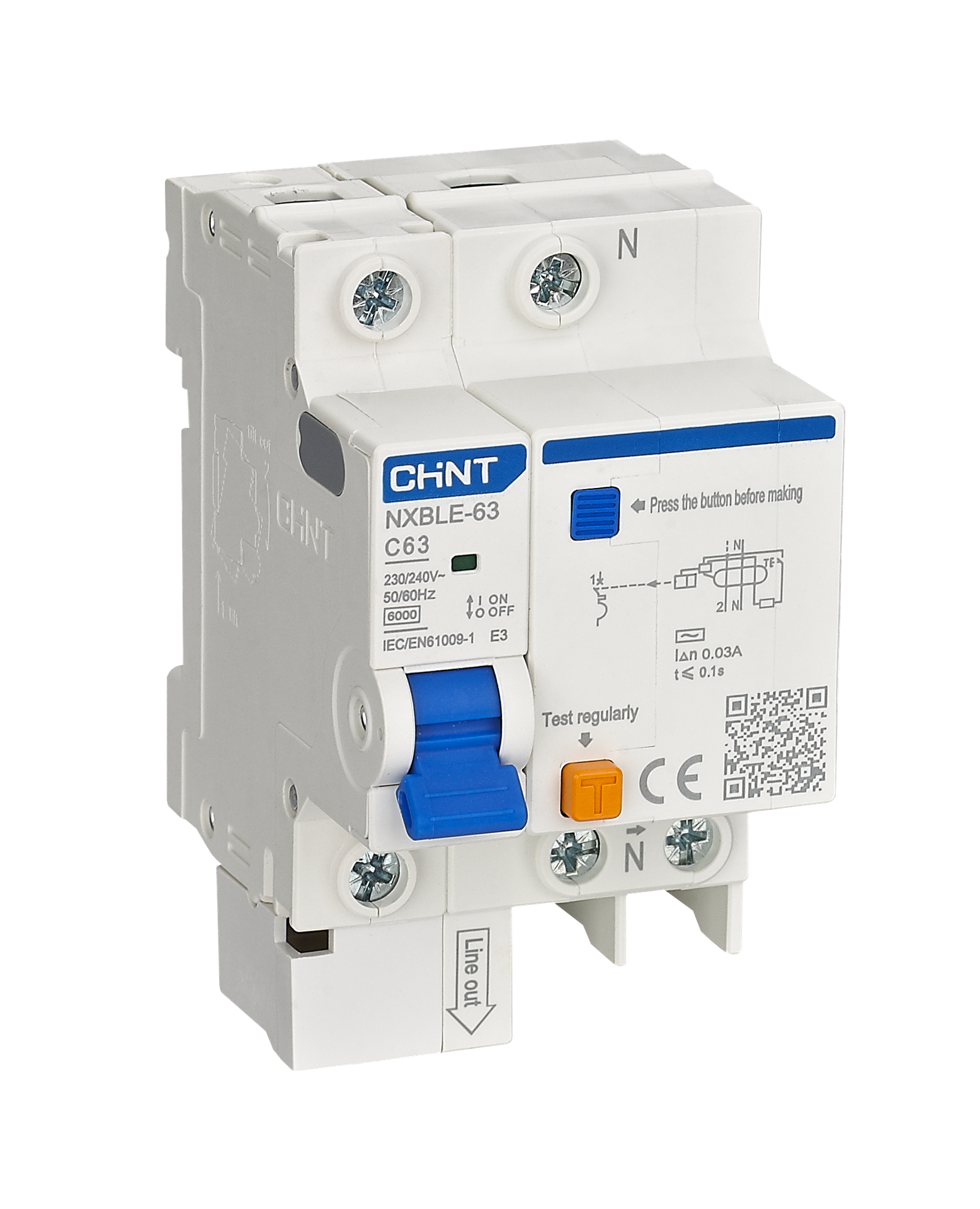 Interruptor RCBO 25A, 2P+diferencial 30mA, curva C, 6KA - CHINT - 0702422503CH